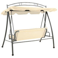 Sand white outdoor convertible swing bench with canopy and steel frame.