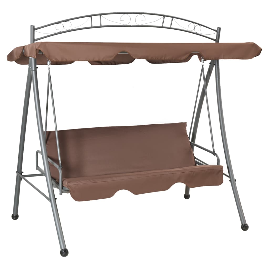 Coffee-colored outdoor convertible swing bench with canopy, steel frame, and cushioned seat.