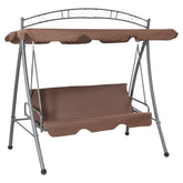 Coffee-colored outdoor convertible swing bench with canopy, steel frame, and cushioned seat.