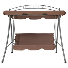 Coffee-colored outdoor swing bench with canopy and metal frame for two people