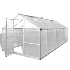 Reinforced aluminum greenhouse with clear polycarbonate panels, measuring 113.3 sq ft.