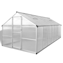 A reinforced aluminum greenhouse with clear polycarbonate panels, measuring 113.3 sq ft.