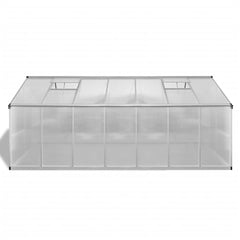 Reinforced aluminum greenhouse with double-walled panels, vents, and large door, 113.3 sq ft size.
