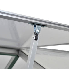 Close-up of reinforced aluminum frame and joint in a greenhouse structure.