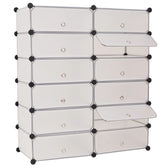 White plastic shoe organizer with 12 compartments and doors for dust protection.
