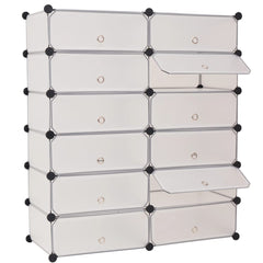 White plastic shoe organizer with 12 compartments and doors for dust protection.