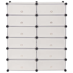 White plastic shoe organizer with 12 compartments and doors for dust protection.