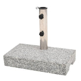 Gray rectangular granite parasol base weighing 55.1 lb with stainless steel pole holder.