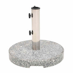 Gray granite round parasol base with stainless steel pole sleeve, weighing 44.1 lb.