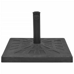 Black square resin parasol base weighing 41.9 lb with pole holder.