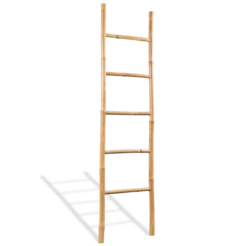 Bamboo towel ladder with five rungs, 59 inches tall, natural brown finish, freestanding design.