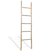 Bamboo towel ladder with five rungs, 59 inches tall, natural brown finish, freestanding design.