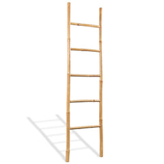 Bamboo towel ladder with five rungs, 59 inches tall, natural brown finish, freestanding design.