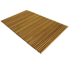 A rectangular acacia wood bath mat with slatted design, measuring 31.5x19.7 inches, in a light brown finish.