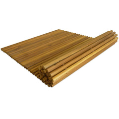 Rollable acacia wood bath mat with non-slip surface and natural light oil finish, 31.5x19.7 inches.
