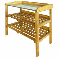 Bostome Acacia wood potting bench with zinc-lined top and two lower shelves.