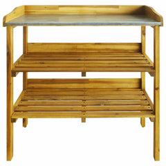 Acacia wood potting bench with zinc top and two slatted lower shelves in rustic finish
