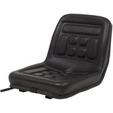 Black PVC tractor seat with steel frame and padded cushions.