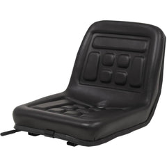 Black PVC tractor seat with steel frame and padded cushions.