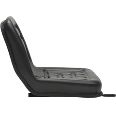 Black PVC universal tractor seat with a steel frame, viewed from the side.
