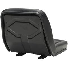 Rear view of black PVC tractor seat with steel frame and mounting brackets.
