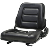 Black adjustable tractor forklift seat with backrest, steel frame, and tilt mechanism.