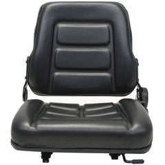 Black adjustable tractor forklift seat with padded backrest and sliding tracks