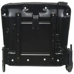 Black adjustable tractor forklift seat with backrest, steel frame, and mounting brackets, rear view.