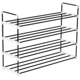 Black metal shoe rack with four shelves and handles for easy movement and stability.