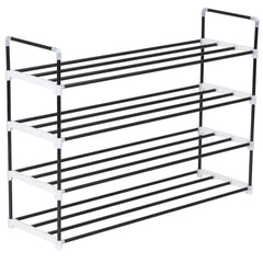 Black metal shoe rack with four shelves and handles for easy movement and stability.
