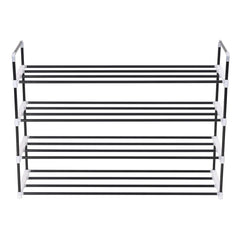 Black metal shoe rack with four shelves and handles for easy moving and wall mounting.