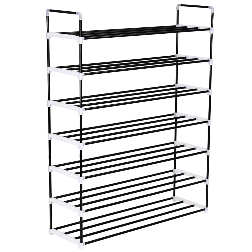 Black metal 7-shelf shoe rack with white plastic accents and side handles.