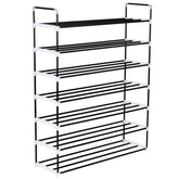 Black metal 7-shelf shoe rack with white plastic accents and side handles.