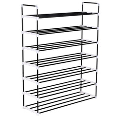 Black metal 7-shelf shoe rack with white plastic accents and side handles.