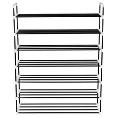 Black metal 7-shelf shoe rack with white plastic frame and open wire shelves.