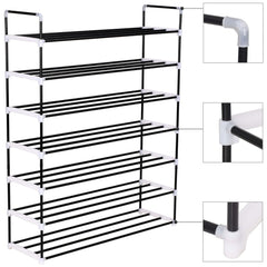 Black metal shoe rack with seven shelves and white corner connectors for shoe storage.