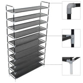 Black metal shoe rack with 10 non-woven fabric shelves and white corner connectors.