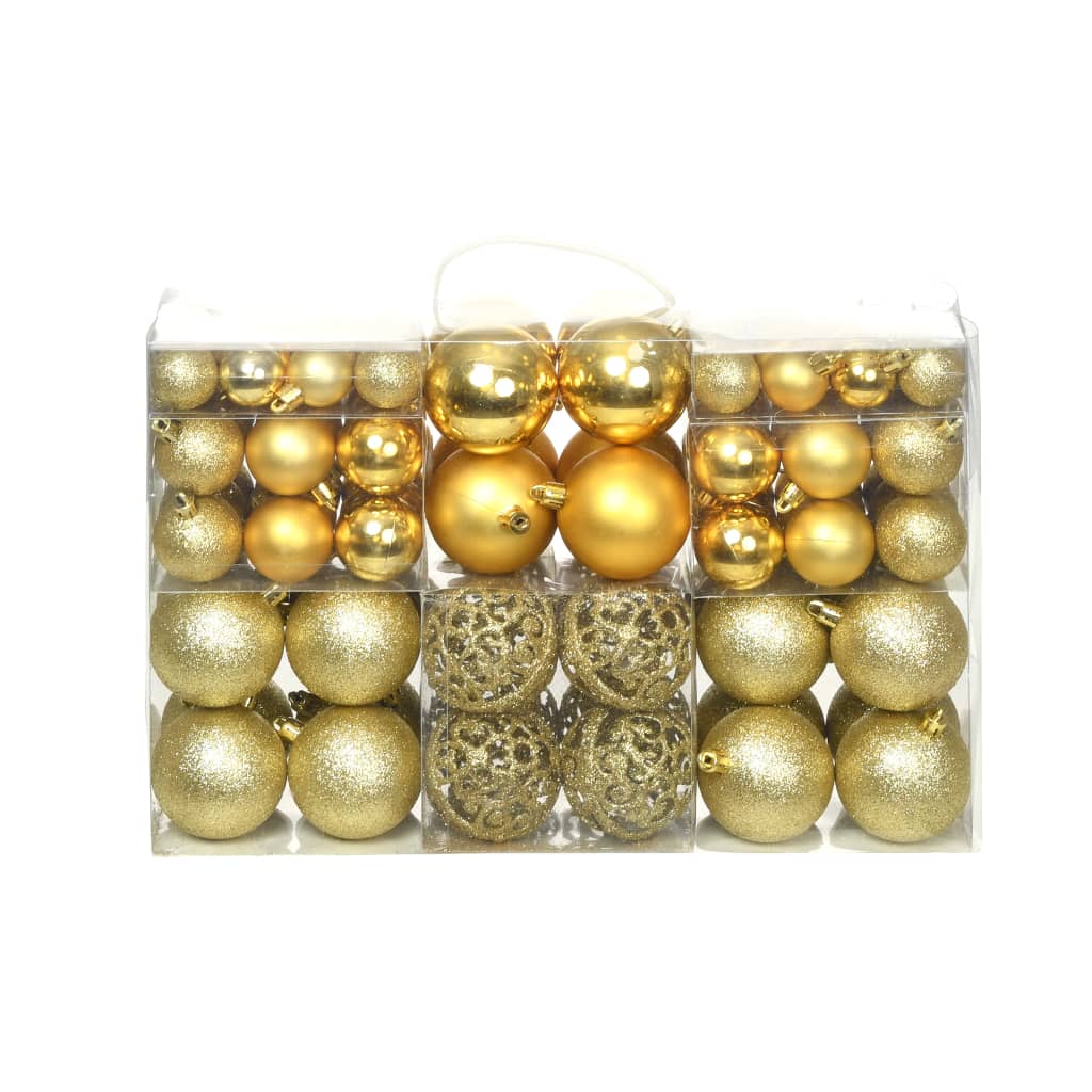 A set of 100 gold plastic Christmas balls in 1.2, 1.6, and 2.4 inch sizes, packaged in a clear box.