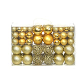 A set of 100 gold plastic Christmas balls in 1.2, 1.6, and 2.4 inch sizes, packaged in a clear box.