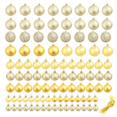 100-piece set of gold plastic Christmas balls in three sizes: 1.2, 1.6, and 2.4 inches.