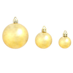 Three gold plastic Christmas balls in 1.2, 1.6, and 2.4 inch sizes with hanging hooks.