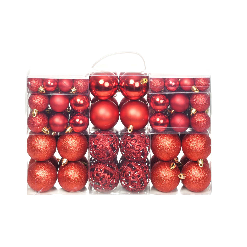 A set of 100 red plastic Christmas balls in three sizes: 1.2, 1.6, and 2.4 inches, packaged in clear boxes.