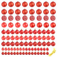 100 red plastic Christmas balls in 1.2, 1.6, and 2.4 inch sizes, arranged in a grid.