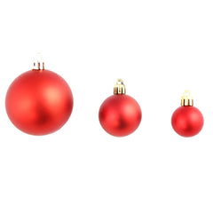 Set of 100 red plastic Christmas balls in three sizes: 1.2, 1.6, and 2.4 inches.