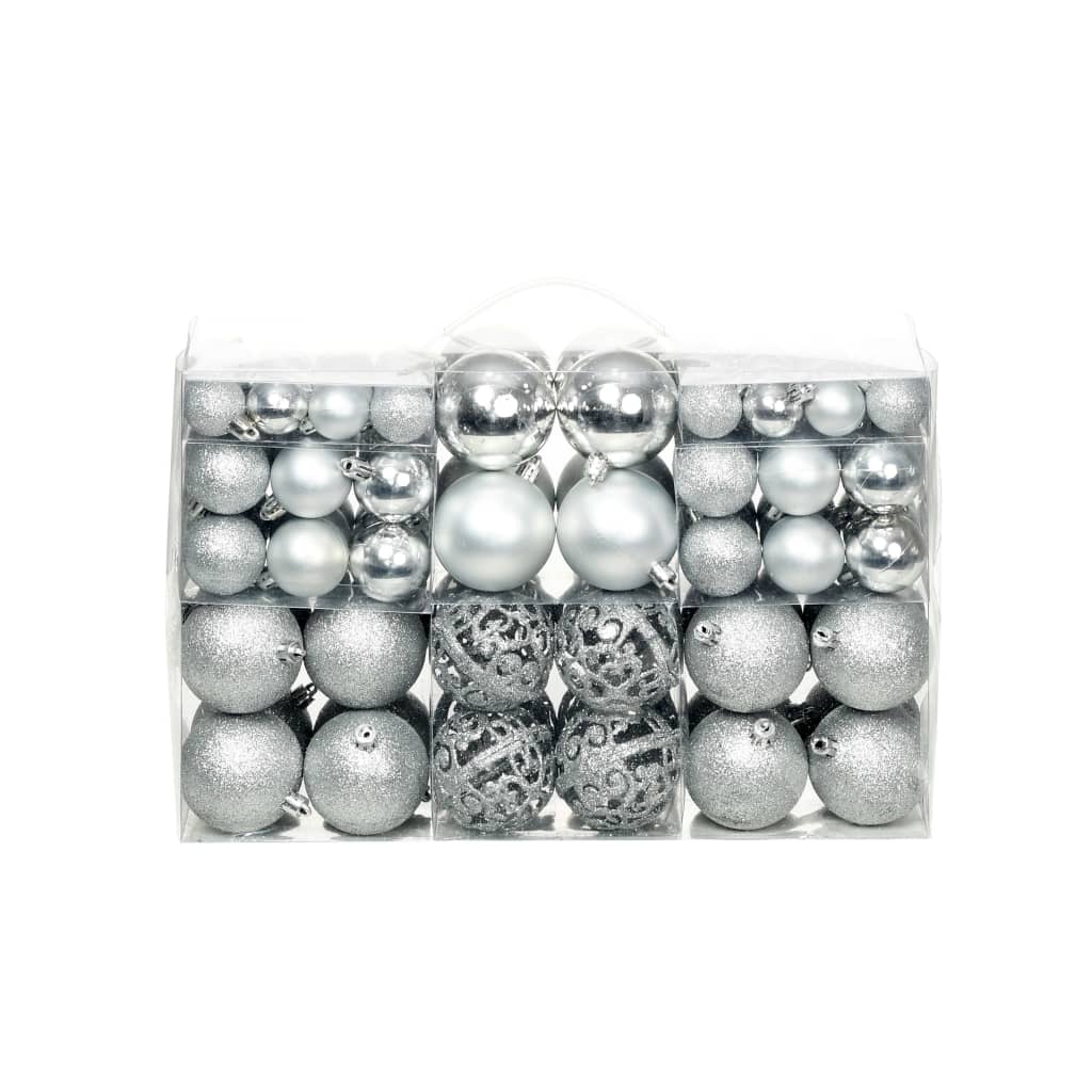 100-piece silver plastic Christmas ball set in 1.2, 1.6, and 2.4 inch sizes, packaged in clear box.