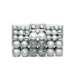 100-piece silver plastic Christmas ball set in 1.2, 1.6, and 2.4 inch sizes, packaged in clear box.