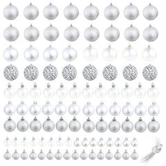 Set of 100 silver plastic Christmas balls in 1.2, 1.6, and 2.4 inch sizes.