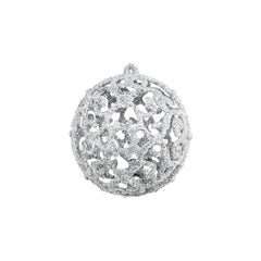 Silver plastic Christmas ball ornament with intricate openwork design and hanging loop.