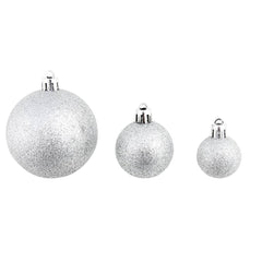 Three silver plastic Christmas ornaments of varying sizes: 1.2, 1.6, and 2.4 inches.