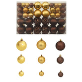 100-piece shatterproof Christmas ball set in brown, bronze, and gold, sizes 1.2, 1.6, and 2.4 inches, shown in box and individually.